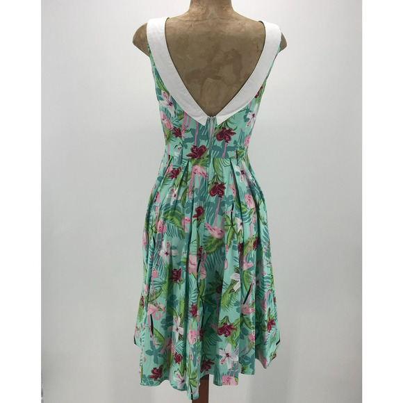 Hell Bunny Vixen Dress Womens XS Flamingo Tropical Fit & Flare V Neck Retro Flaw - Picture 2 of 12
